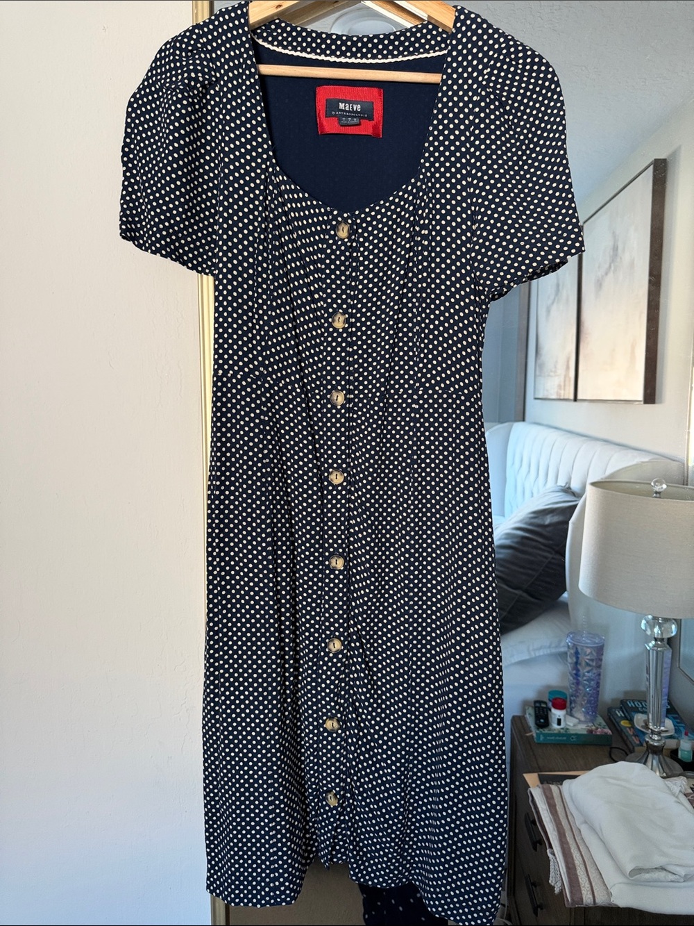 Maeve Navy Polka Dot Button-Front Midi Dress